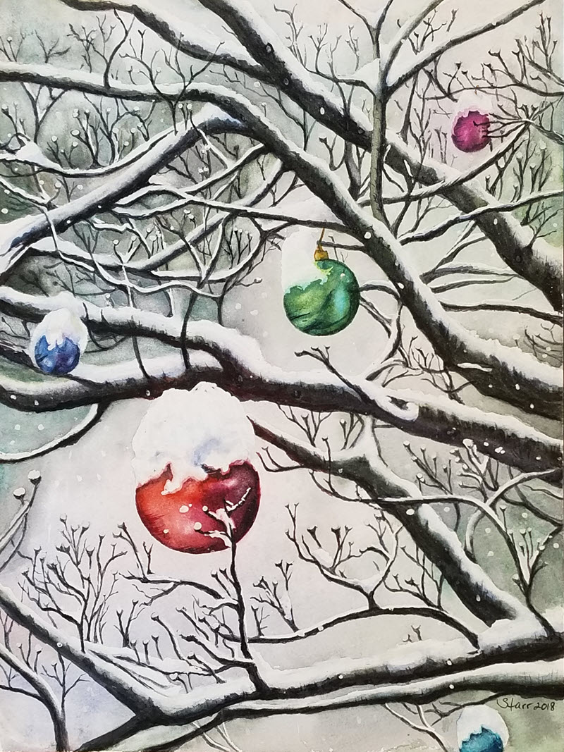 Snowy Ornaments, a watercolor painting by Starr Winmill Shebesta